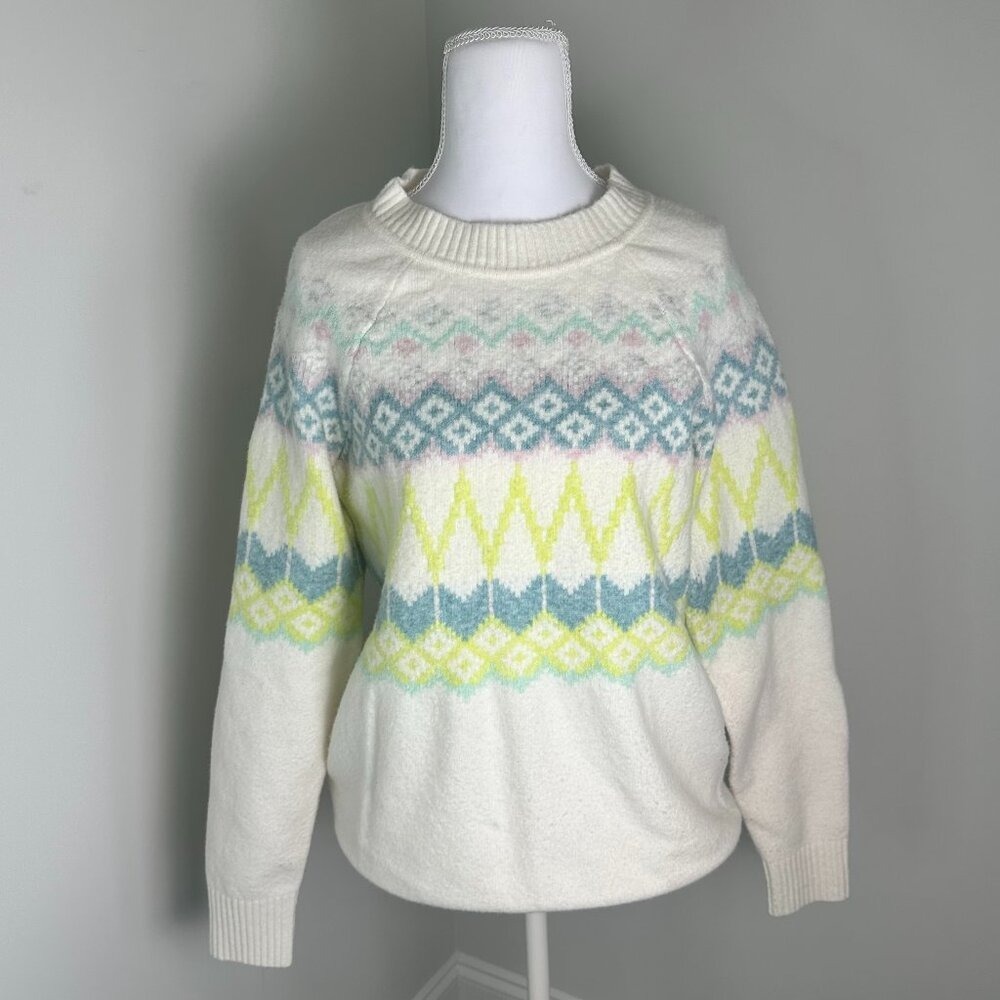 LOFT Womens Fair Isle Pastel Knit Crew Neck Raglan Sweater Cream Size Medium